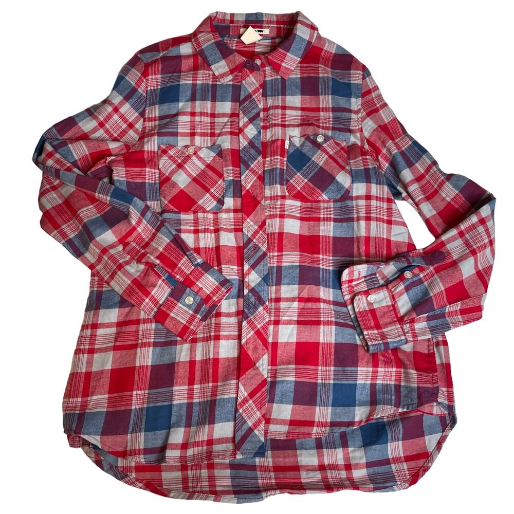 Levis Womens Plaid‎ Button Down Shirt Red White Blue Flannel Long Sleeve Size M